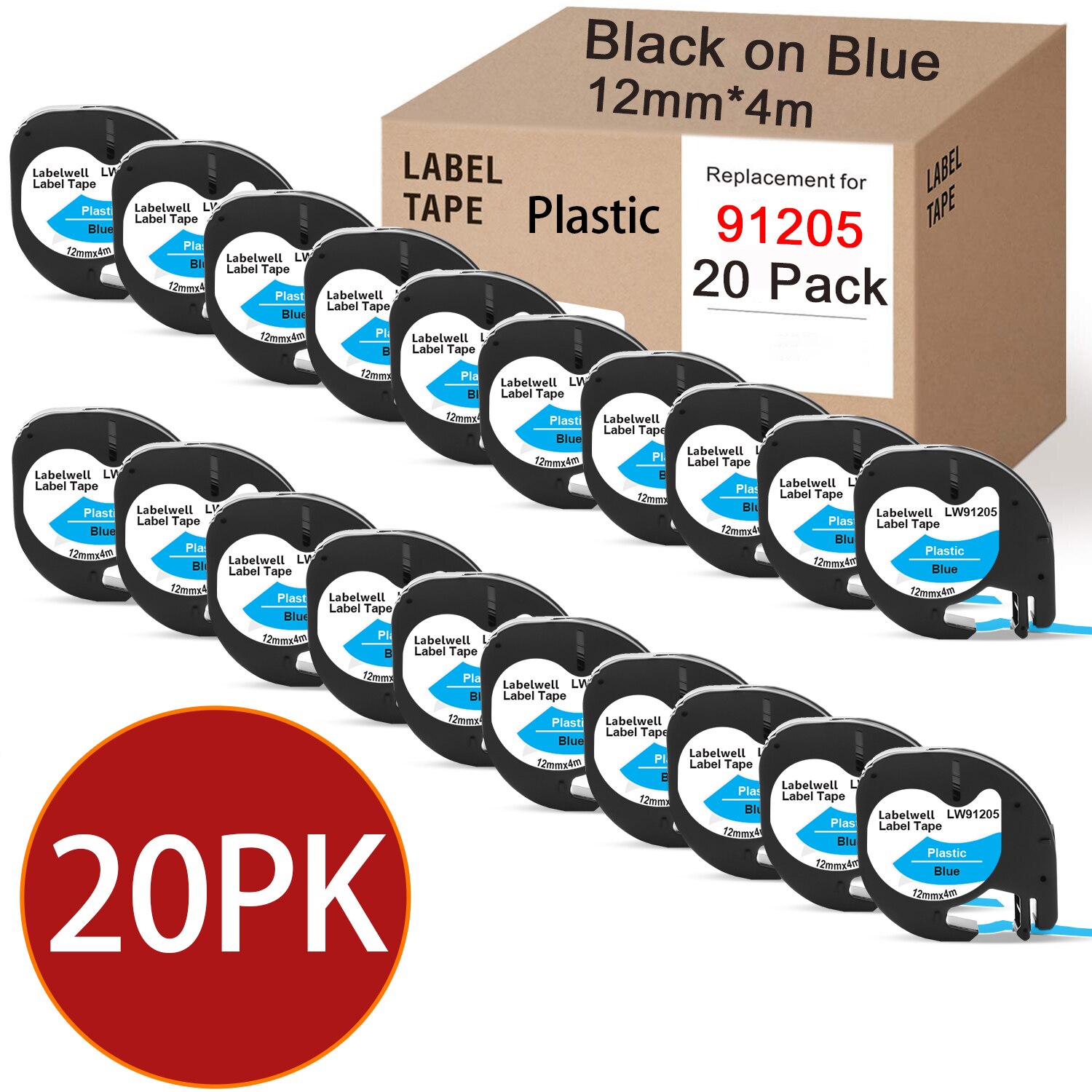 20Pcs 12267 Compatibel Dymo Letratag 91201 Zwart Op Witte Plastic Label Voor Dymo LT-100H Label Maker Eva LT100H Eva printer Case: 20PK Black on Blue