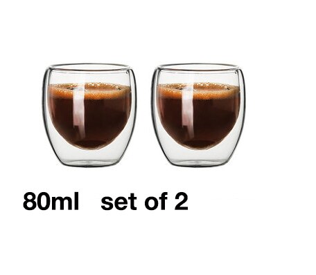 Borosilikatväggar kaffe/te/drycker glas kopp snapsglas - dubbelvägg isolerade latte glas espressokaffemuggar: 80ml uppsättning  of 2