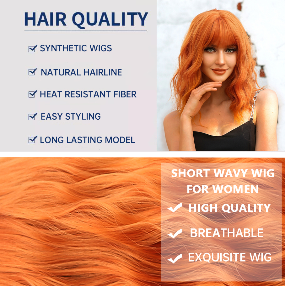 Pelucas onduladas naturales sintéticas de jengibre y cobre corto, peluca Bob naranja para Halloween con flequillo resistente al calor para mujer, peluca de Cosplay