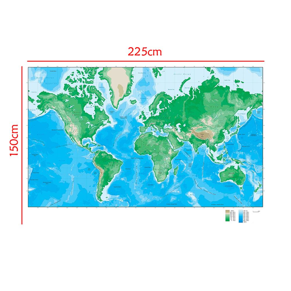 Carte d'altitude du monde, pliable, Non tissée, 150x225cm, pour la recherche géologique