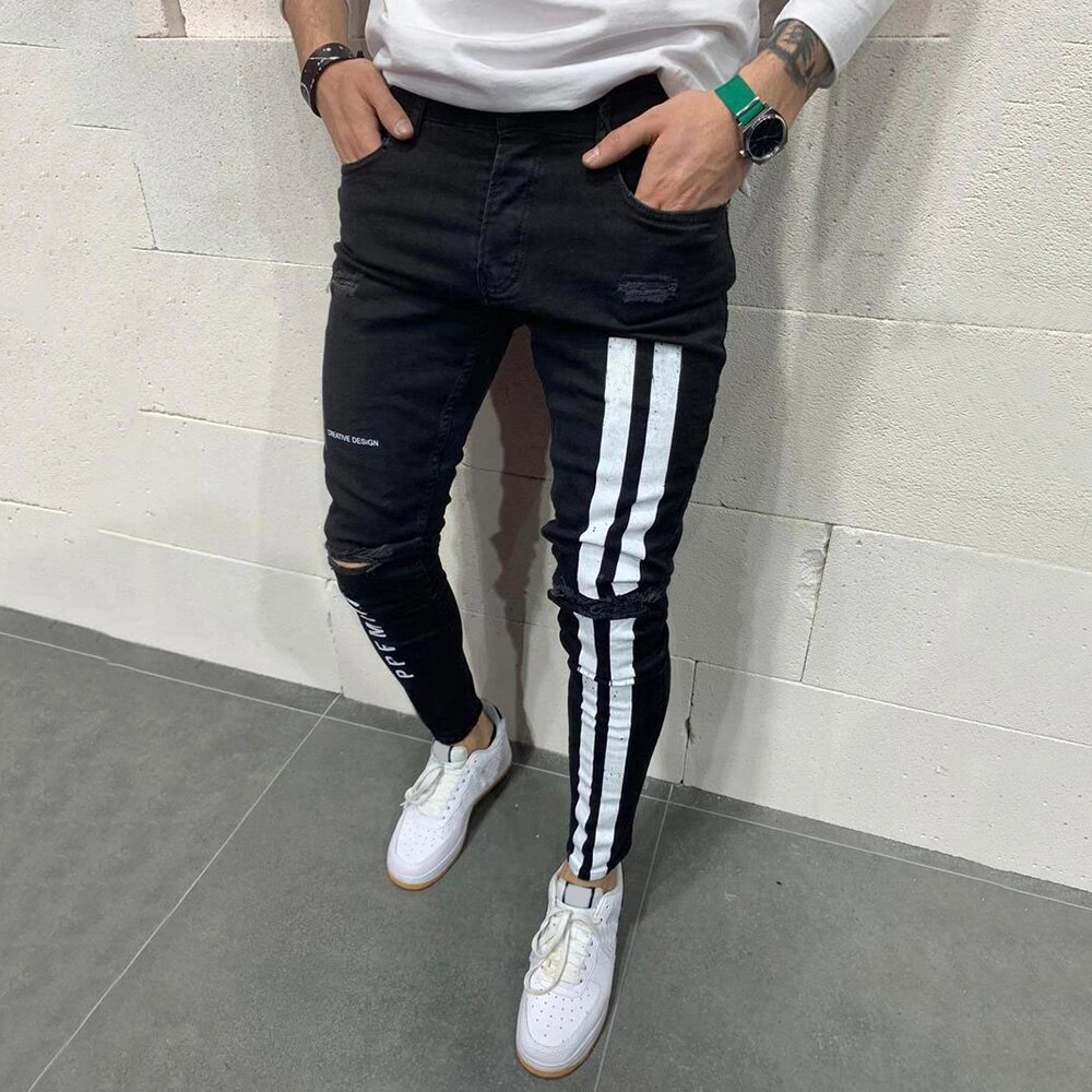 De los hombres flacos Biker vaquera lado rayas Hombre Vaqueros pantalones con rasgado destruido agujero rayado cremallera Slim pantalones D30