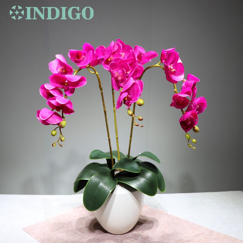 Arrangement fleur orchidée INDIGO-rouge grand 90cm (3 orchidée + 3 feuilles) vraie touche fleur décoration de fête de mariage