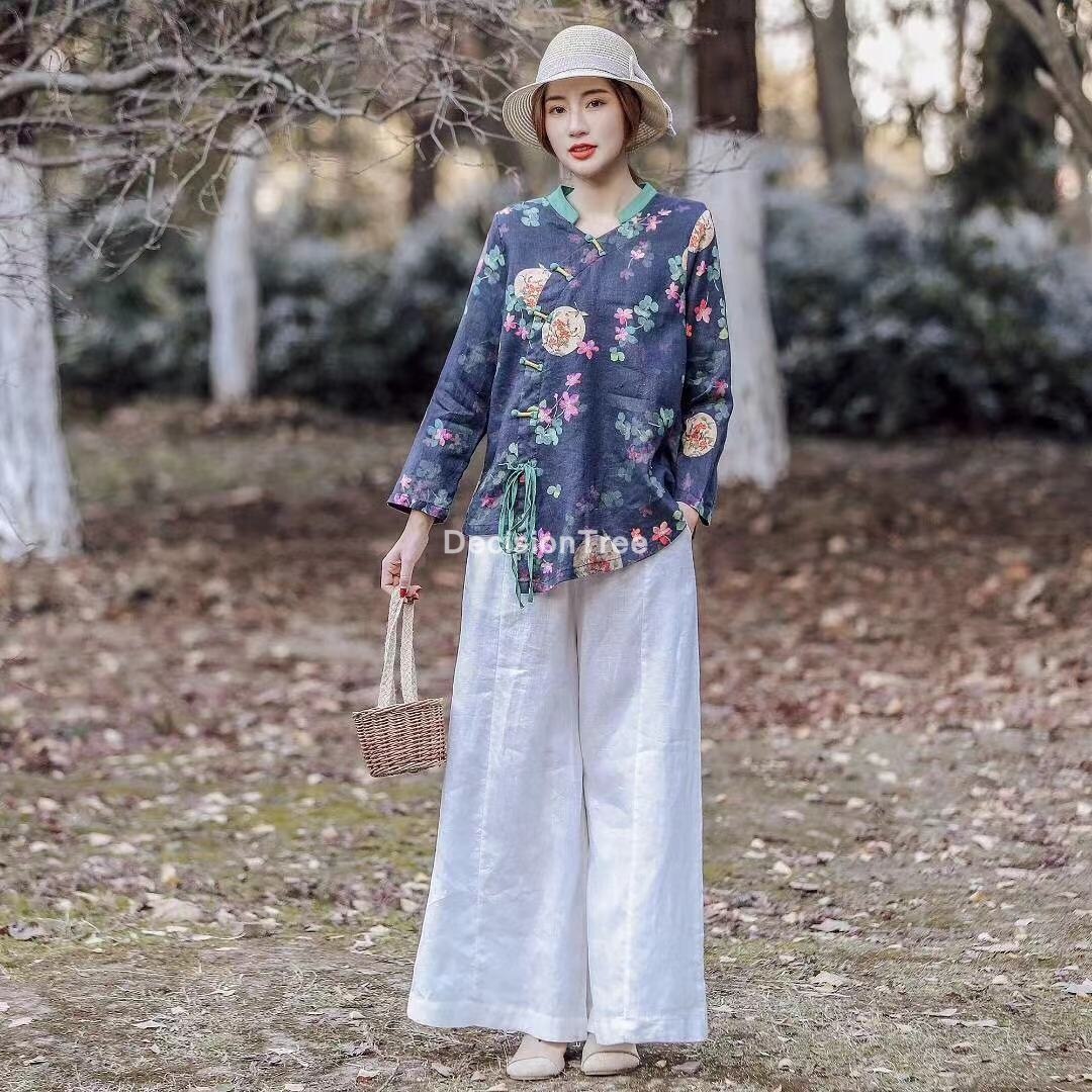 2022 woman traditional chinese qipao top cotton linen half sleeve bow hanfu tops chinese casual vintage tang suit shirt: color4