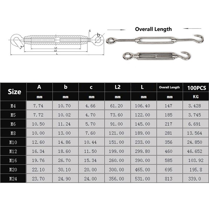 M4/M5/M6/M8/M10/M12 gancho y ojo tensor, cable de tensión de acero inoxidable 304