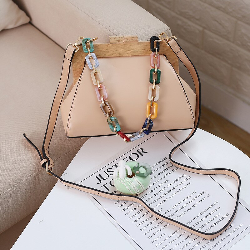 Petit sac à main pour femmes, nouvelle version coréenne de tendance, pince en bois native avec chaîne en jade