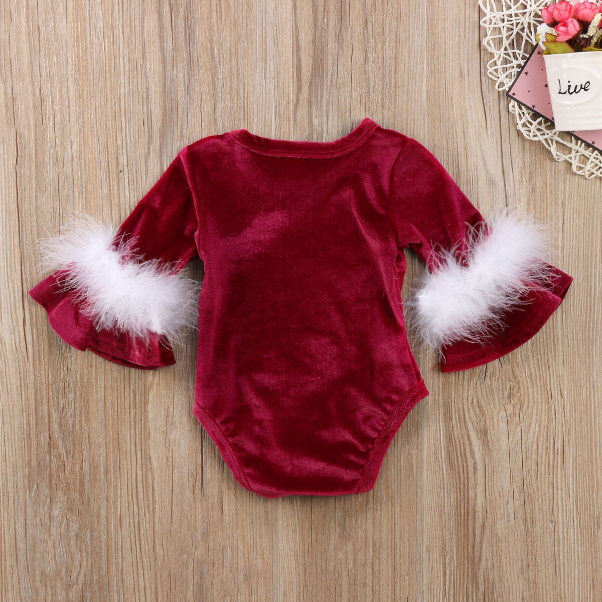 Xmas Leuke Infant Kids Baby Meisjes Jongens Mooie Fluwelen Bodysuits Fur Flare Mouwen Brief Print Warm Jumpsuits Outfit 0-24M