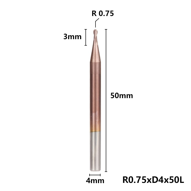2 Flute End Mill CNC Ball Nose End Mill HRC 50 Router Bits TiCN Coating R0.5-6.0 Tungsten Carbide Engraving Milling Cutter: R0.75xD4x50L