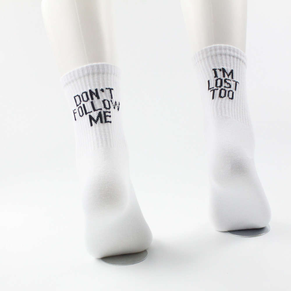 DON`T FOLLOW ME I AM LOST TOO casual men women letter socks hip hop Cotton skateboard high street harajuku funny happy socks: White