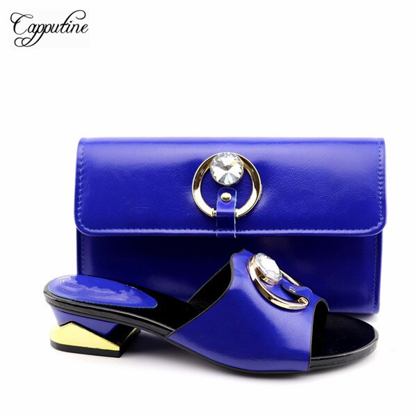 Koningsblauwe pumps met medium hak en handtasset met stenen voor dames  ya336-4,  hakhoogte 4 cm