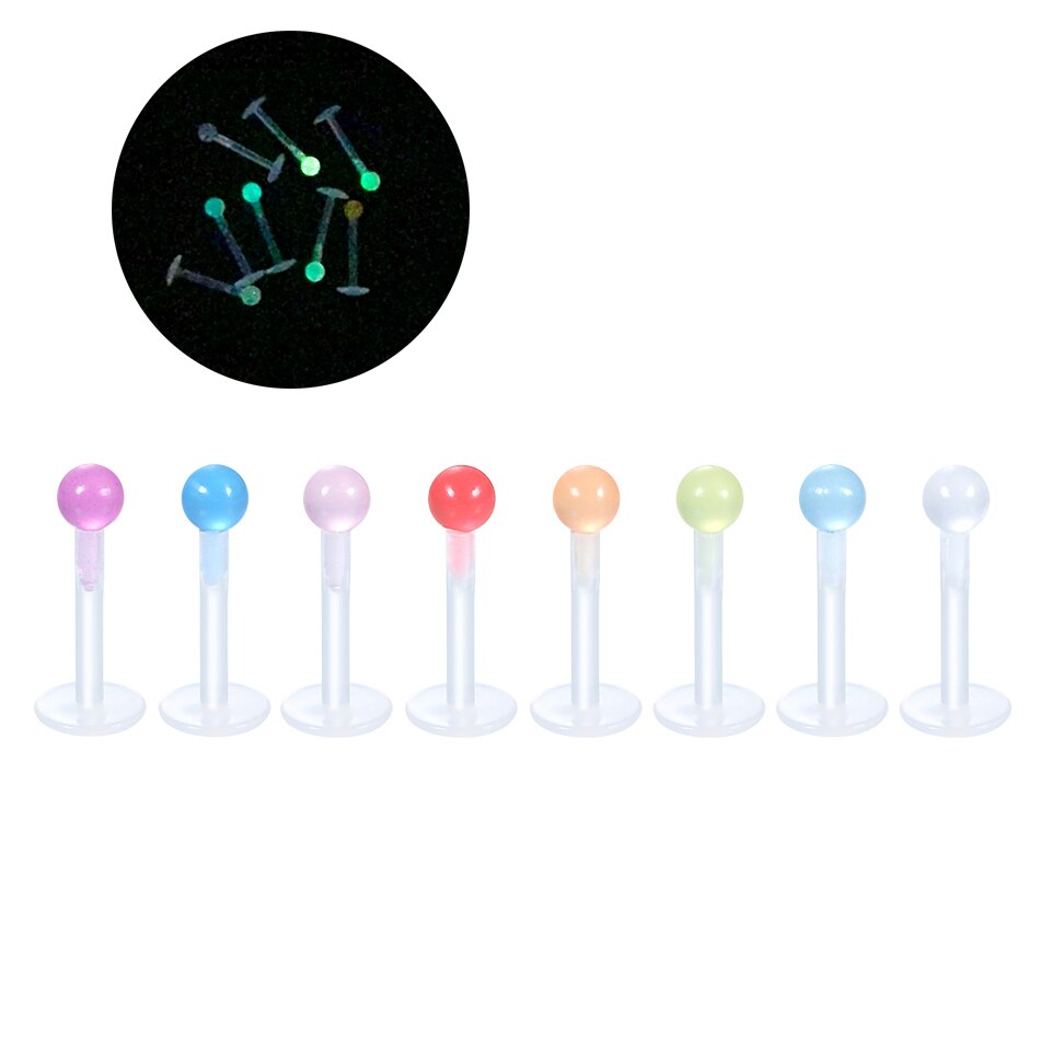 Juego de 8 unids/set de Piercing de labio de 16G Bioplast, anillo de Labret acrílico, cartílago de oreja, pendientes de labio, Piercing de realce, joyería para el cuerpo: Glow in the dark / 16G 1.2x10x3mm