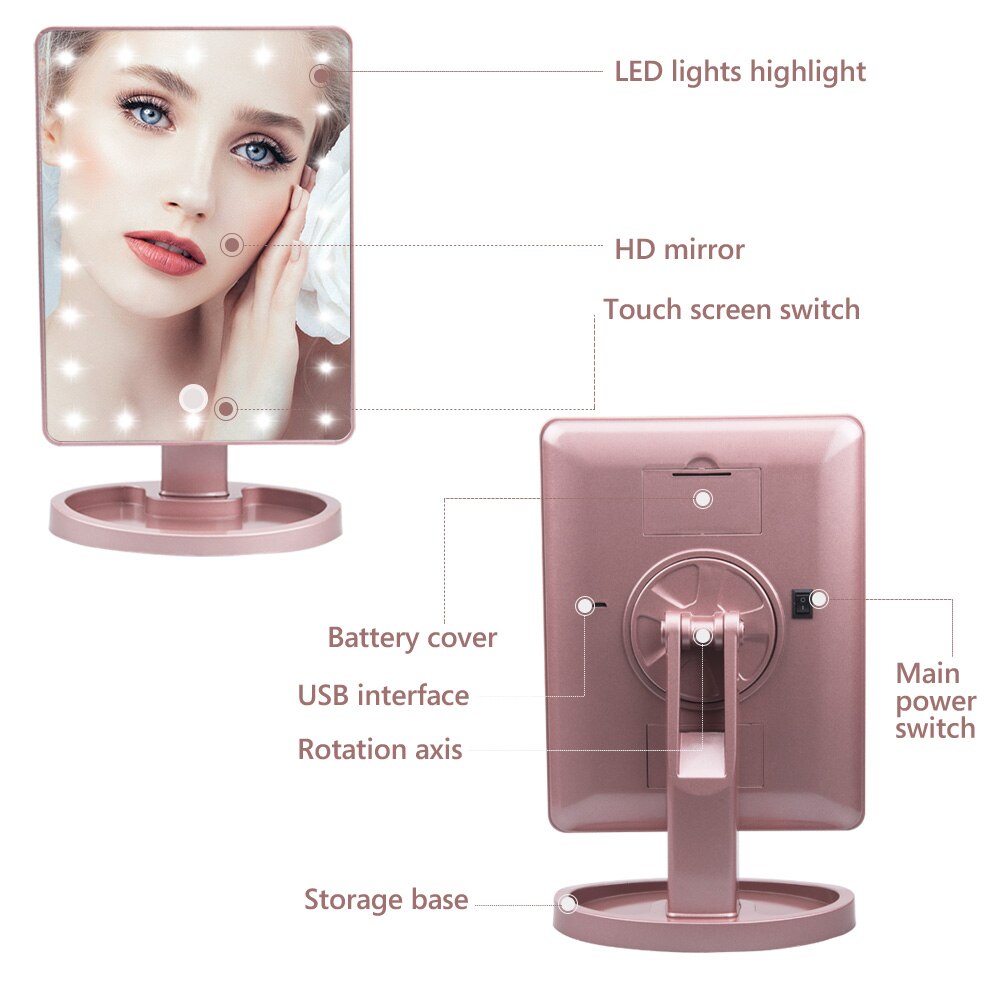 Espejo de maquillaje con 22 luces LED, espejo de aumento de 10X, lámpara de mesa con rotación de 180 grados, brillo iluminado, pantalla táctil, espejo de tocador