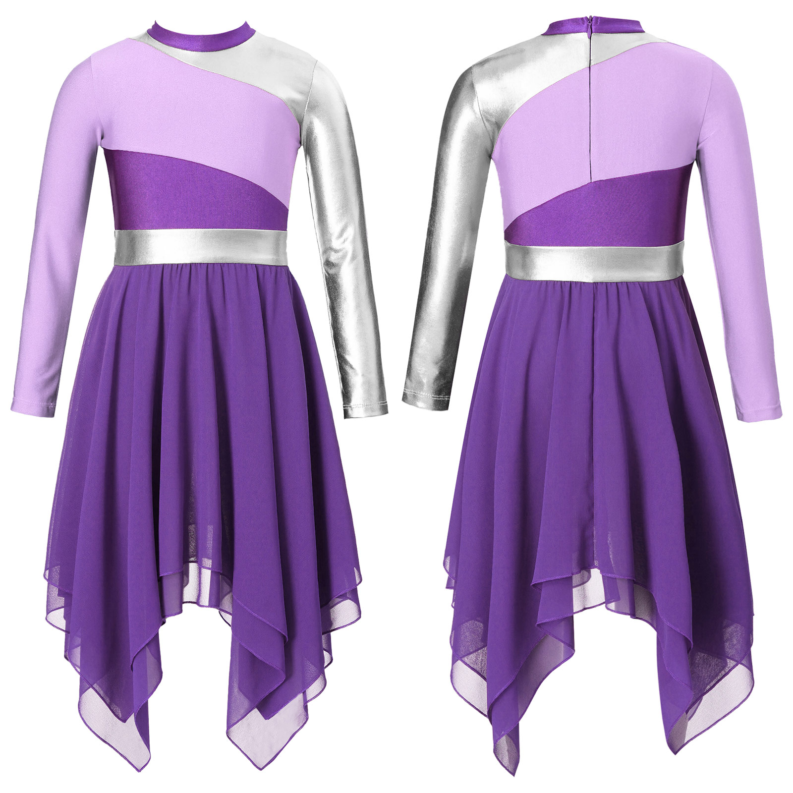 Kids Girls Praise Lyrical Dance Dress Ballroom Dancing Church Choir Worship Costume Long Sleeve Contrast Chiffon Dress Dancewear: XL / Blue