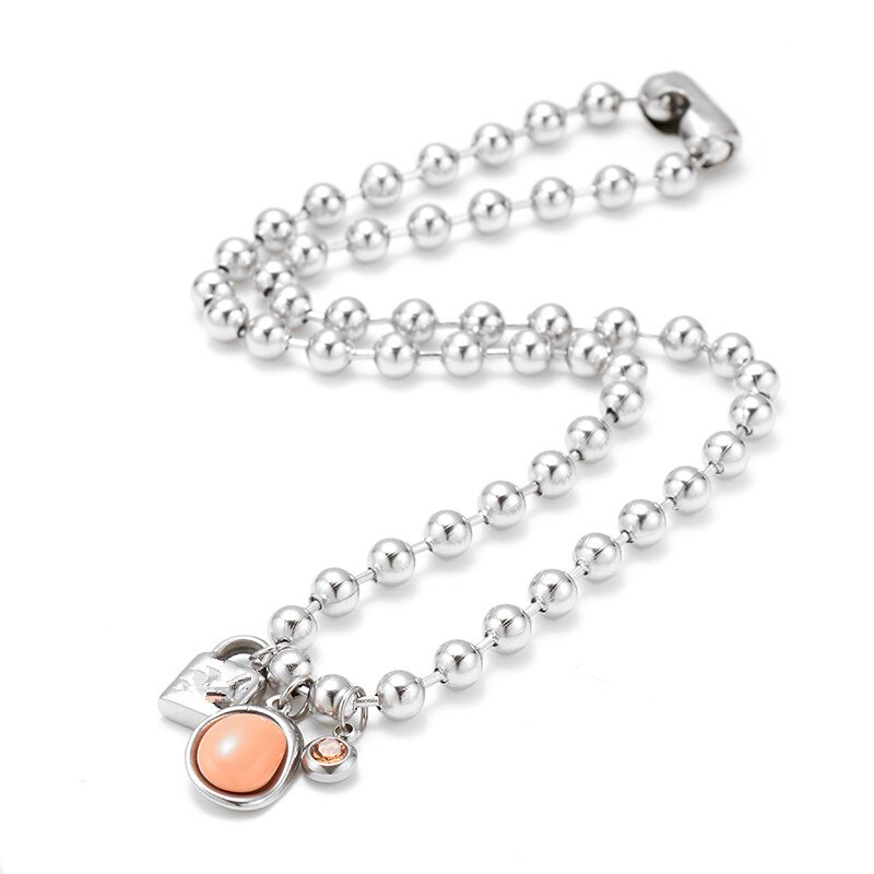 Conjunto de joyería para hombres y mujeres, pulsera de cuentas de 6mm con llave de bloqueo de corazones rosas, Color plata, oro y acero inoxidable, 50 redondos: Pink Necklace