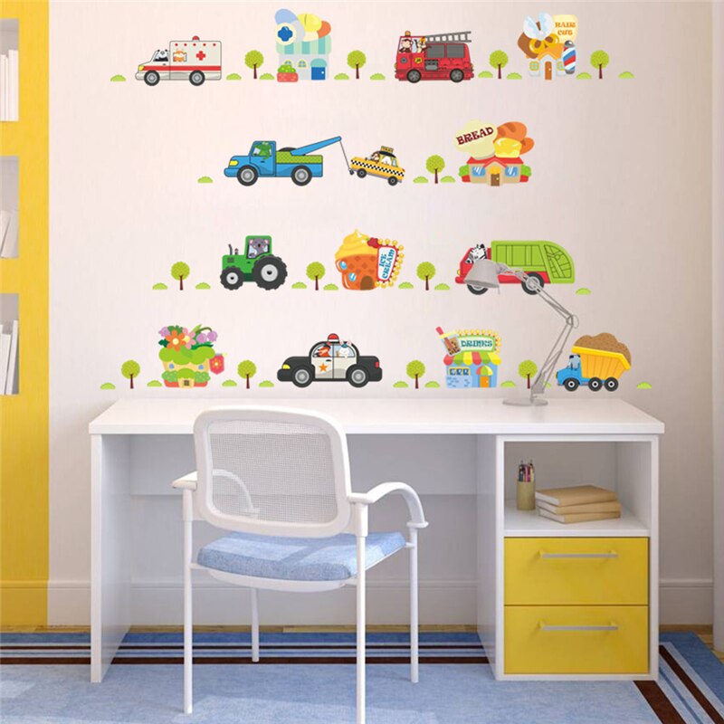 Cartoon voertuig verkeer transport cars vrachtwagens muurstickers slaapkamer nursery home decor jongens pvc muurstickers diy muurschilderingen