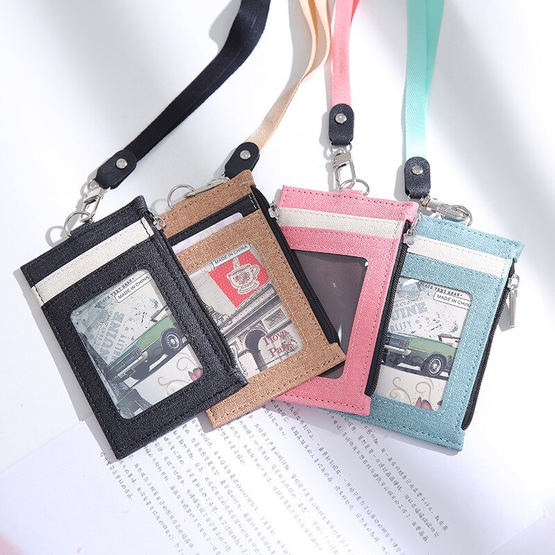 Personeel Bus Pass Card Sleeve Case Pu Leather Wallet Type Id-kaart Naam Badge Houder Met Neck Strap Lanyard Badge