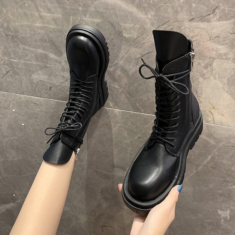 Retro støvler læder sorte støvler kvinder klumpede høje hæle snørebånd platform sko kvindelige punk stil botines mujer lynlås