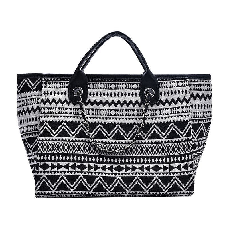 Canvas Women Large Capacity Tote Bags Prints Shopping Bags Ladies Chain Shoulder Bag: Black