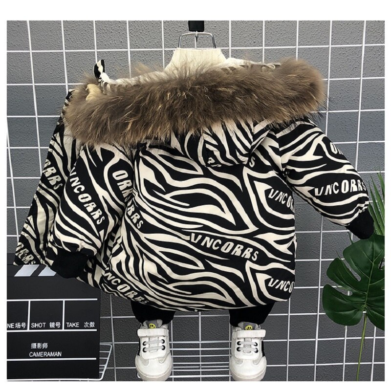 Winter Parka 2-7Y Baby Boys&#39; Cotton Padded Clothes Plus Velvet Thickened Fur Collar Hooded Long Warm Jacket For Children&#39;s Coat