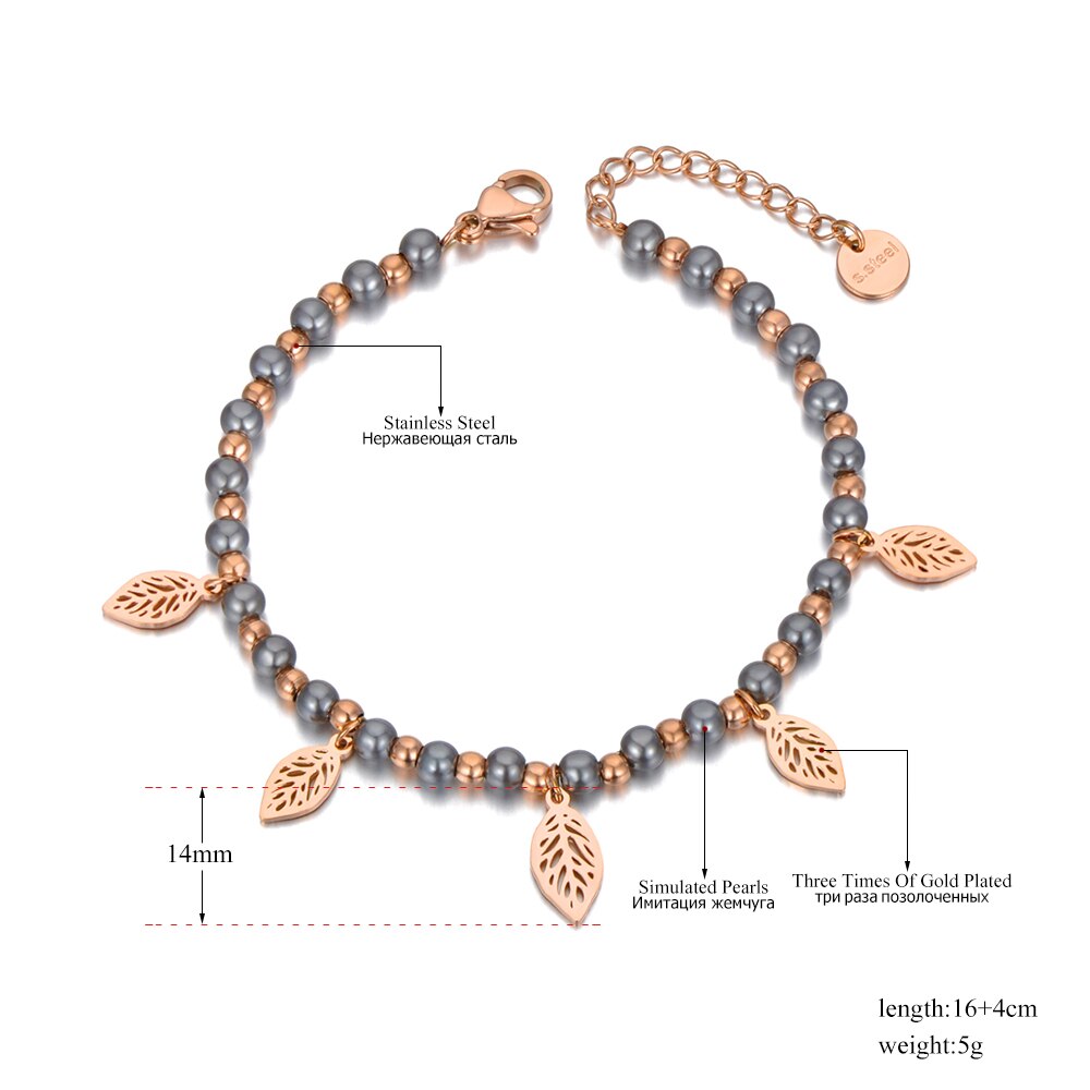 Lokaer titanium roestvrij staal bohemian strand parel kralen armbanden voor vrouwen trendy 5 stuks bladeren bedel armband sieraden  b20115