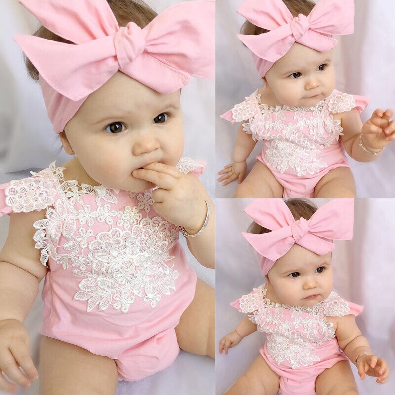Sommar nyfött spädbarn bebis flicka spets blommig byxdress jumpsuit outfit sommar bomull rosa baby flicka kläder byxor set