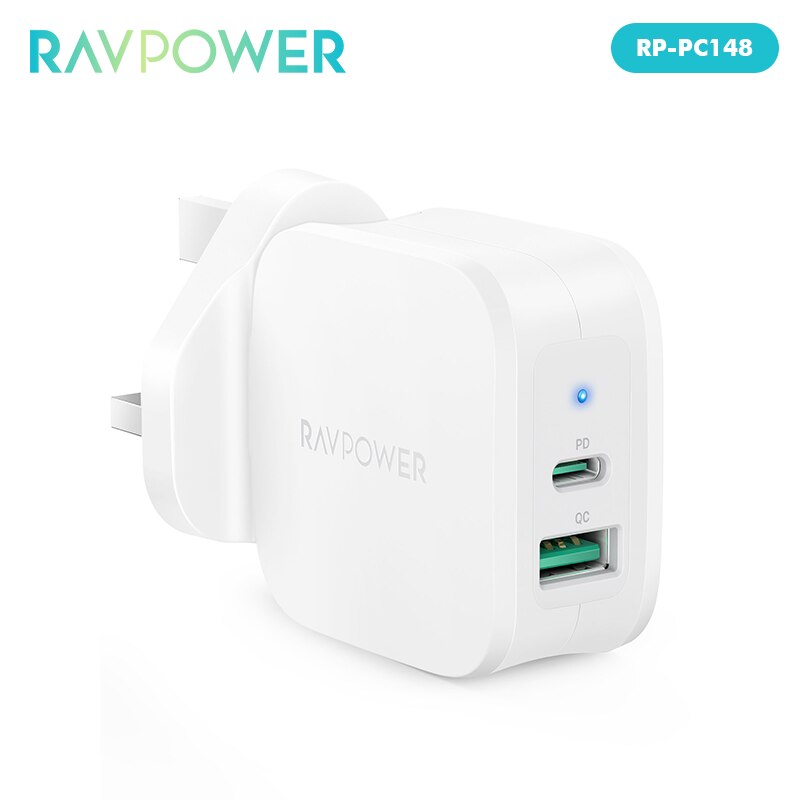 RAVPower-cargador rápido RP-PC148 de 25W, adaptador de carga rápida USB C, enchufe británico, PD, para iPhone 12 Pro Max MacBook Tablet: UK plug white