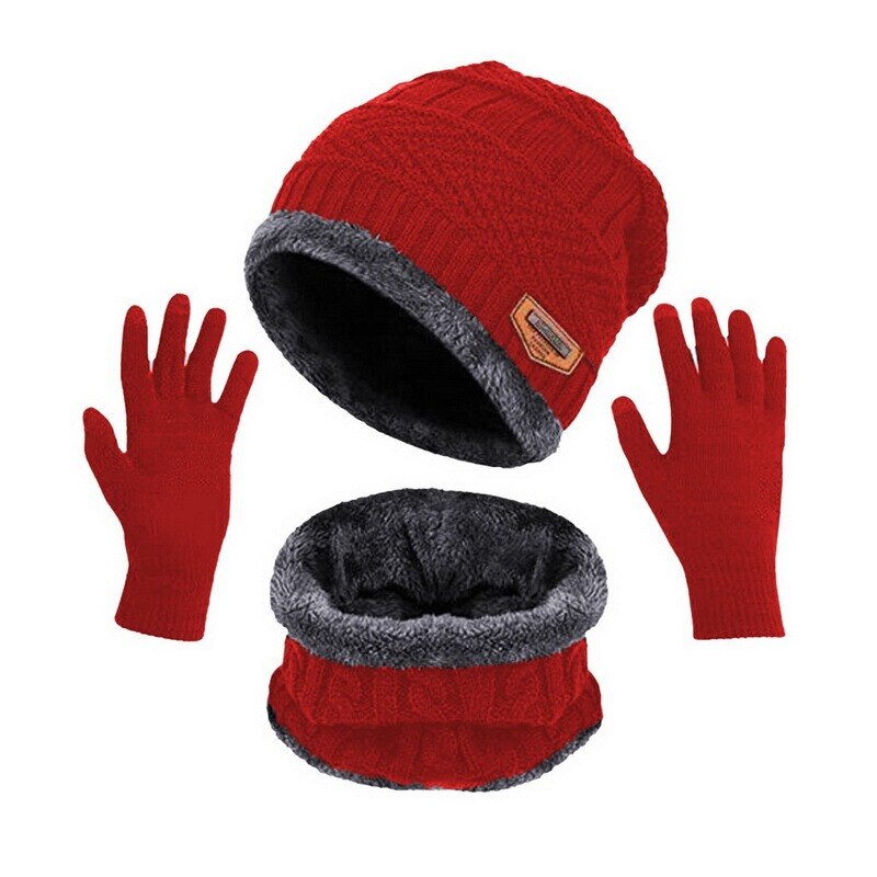 Conjunto de gorro y bufanda de punto para hombre, conjunto de 3 piezas de gorro y guantes de felpa cálida para deportes al aire libre, gorro de esquí, bufandas de anillo sólido, Invierno: wine red