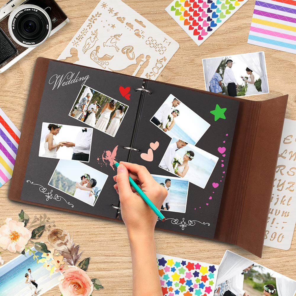 Fotoalbum vintage læder med sort side diy scrapbog album foto klistermærke jul fødselsdag bryllup valentines
