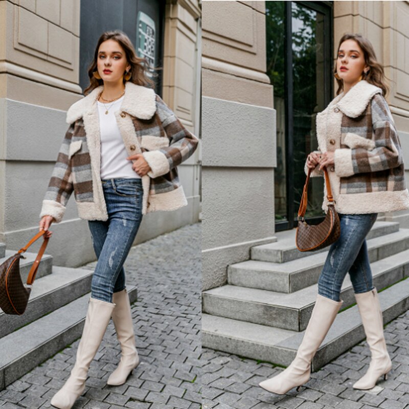 Chaqueta Vintage a cuadros para mujer, abrigo de lana de oveja grueso, cálido, informal, Polar holgado, abrigos con bolsillo, primavera y otoño,