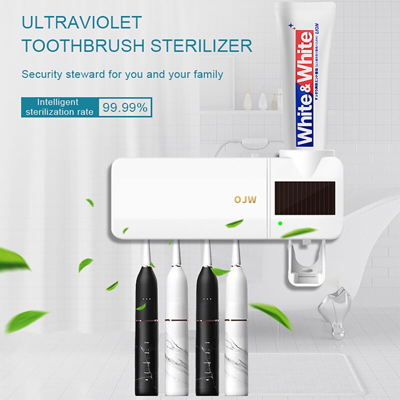 UV Sanitizer Toothbrush Sterilizer With Automatic Toothpaste Dispenser Kill 99.9% Germs Atibacteria UV Cleaner Toothbrush Holder
