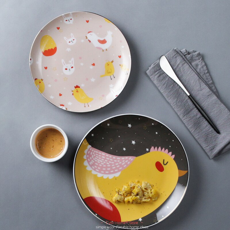 2pcs Ceramic Dinner Plate Cartoon Chicken Dinner Dishes Pasta Steak Dessert Plates Fine Bone China Kitchenware (21.6/18.2cm)