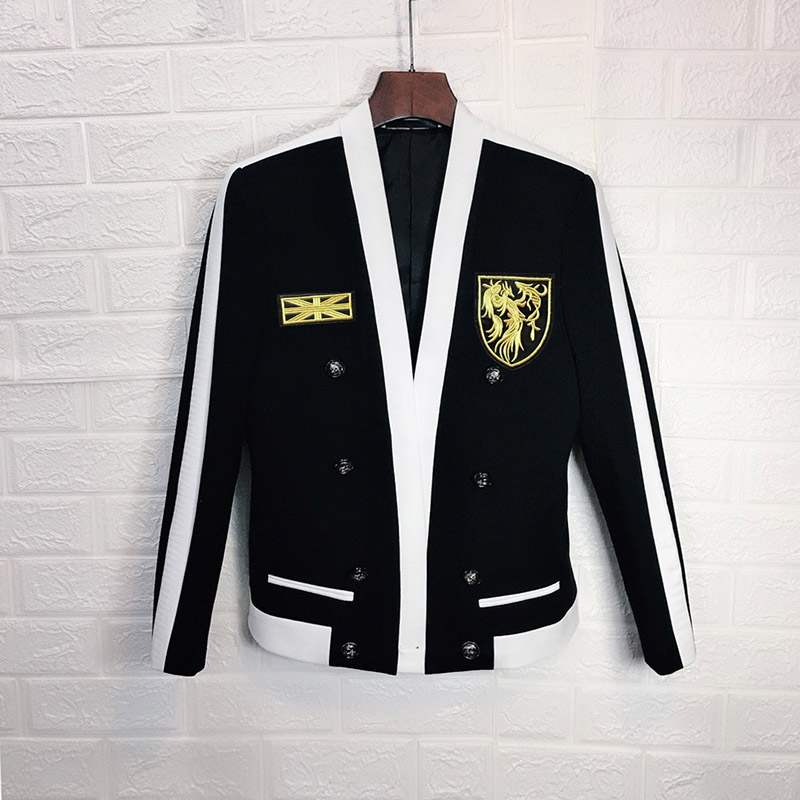 Gold Embroidery Badge Dress Wedding Blazer Men Groom Contast Black White Stripe Jacket Men Spring Autumn Korean Wear: Asian XXL