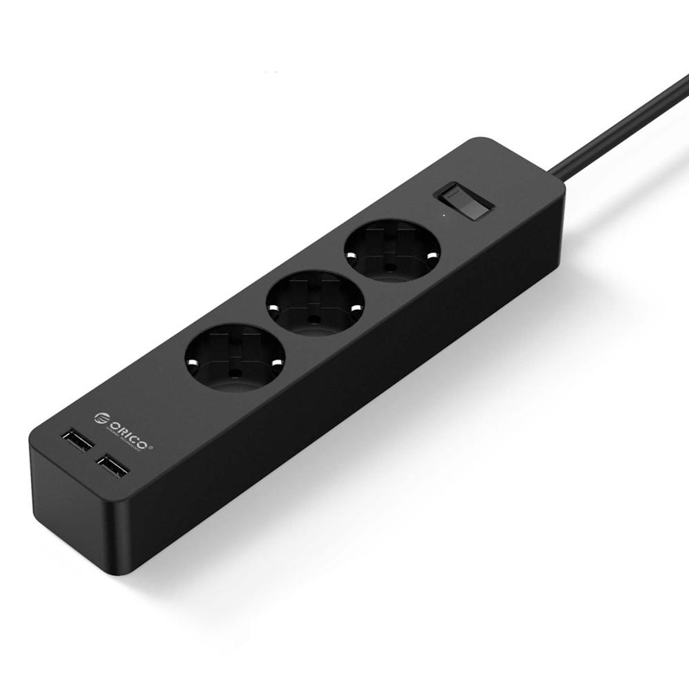 ORICO 3/5 AC+2 USB Power Strip with USB Electronic Socket Home Office Surge Protector EU Plug hargers Extension Smart Socket: 3 AC Outlets black