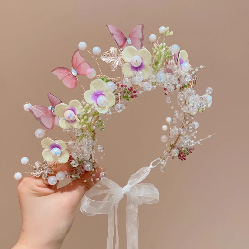 Rosa fjärils-pärlblomma-hårband för flickor, kranshårband för barn, håraccessoarer för fest: Guldfärg