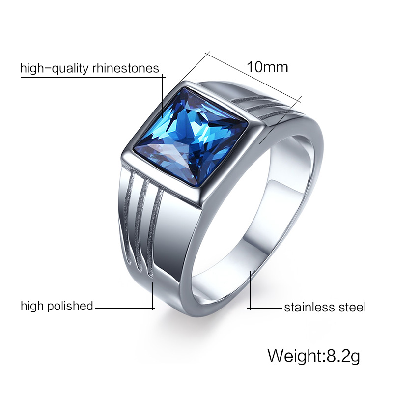 Mens Rings Stainless Steel Blue Cubic Zirconia Cut Ring Jewelry Wedding Band anel masculino bague