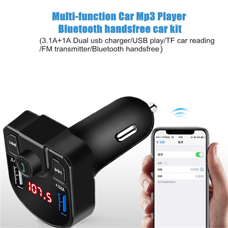 Transmisor FM con Bluetooth Aux USB modulador Kit de manos libres para coche de Audio de coche MP3 jugador 3.1A rápido Dual adaptador de cargador de coche USB