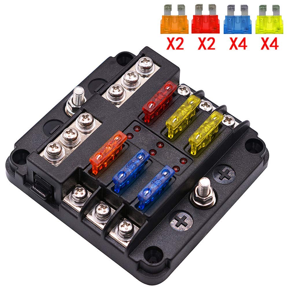 6 way/12 Way Blade Fuse Block with ATC/ATO Fuse Box Holder LED Warning Indicator Damp-Proof Cover for Car Boat Marine RV Truck