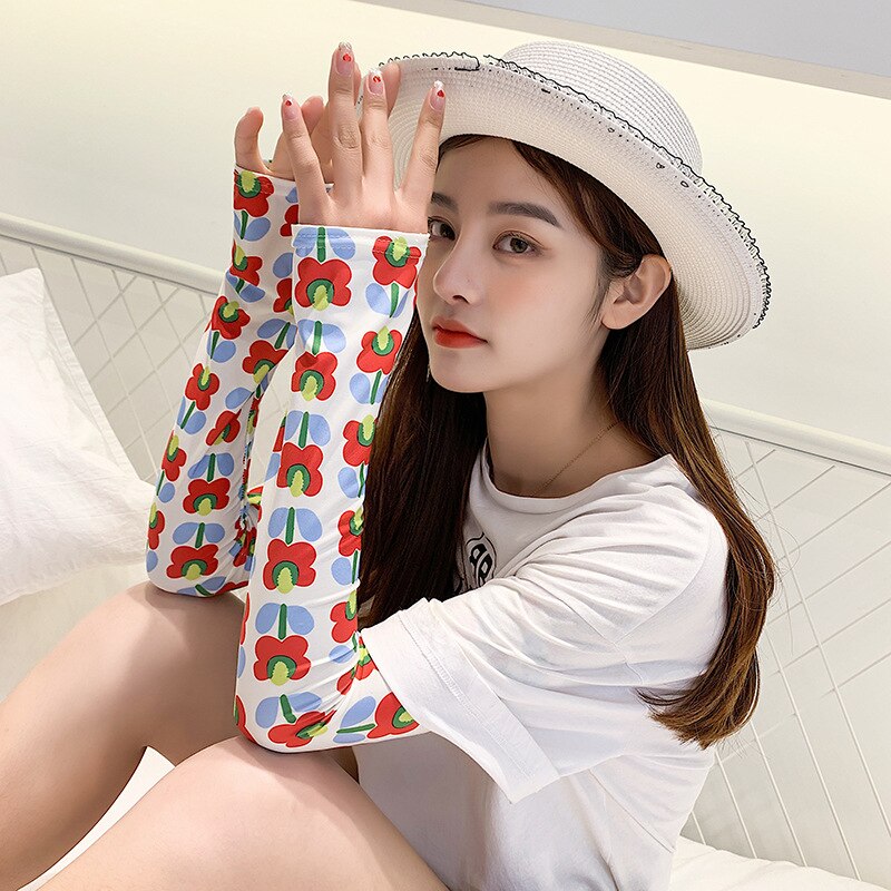 Women's Summer Net Red Ice Sleeve Cute Printing Sun Protection Oversleeves Outdoor Riding UV Protection Armband: AW15