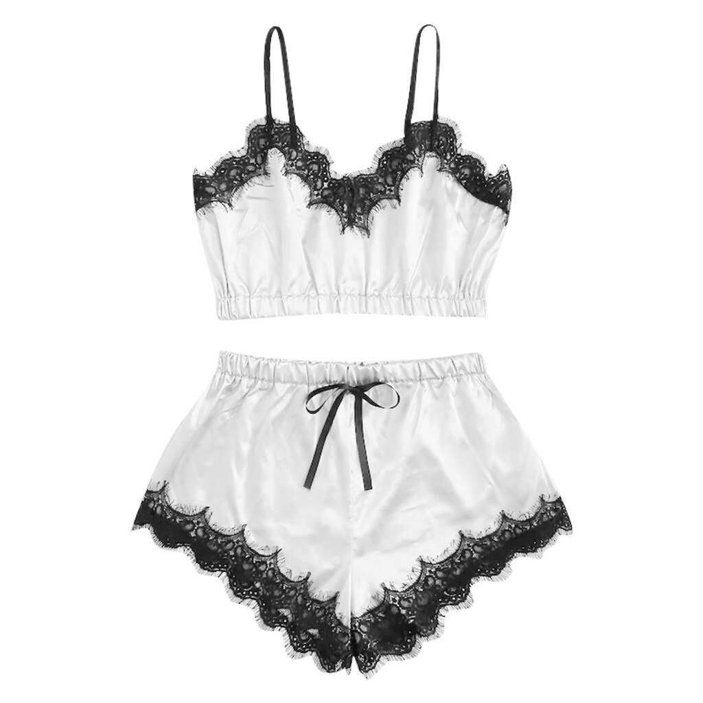 Kvinnor sexiga nattkläder ärmlös rem nattkläder spetskant satin cami topp pyjamas set topp +shorts ropa de dormir: Vit / M