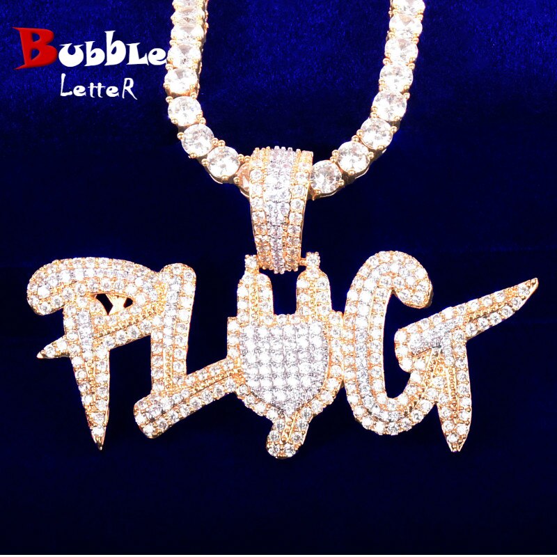 Plug Letter Pendant Micro Pave Finish Hip Hop Necklace Men&#39;s Jewelry