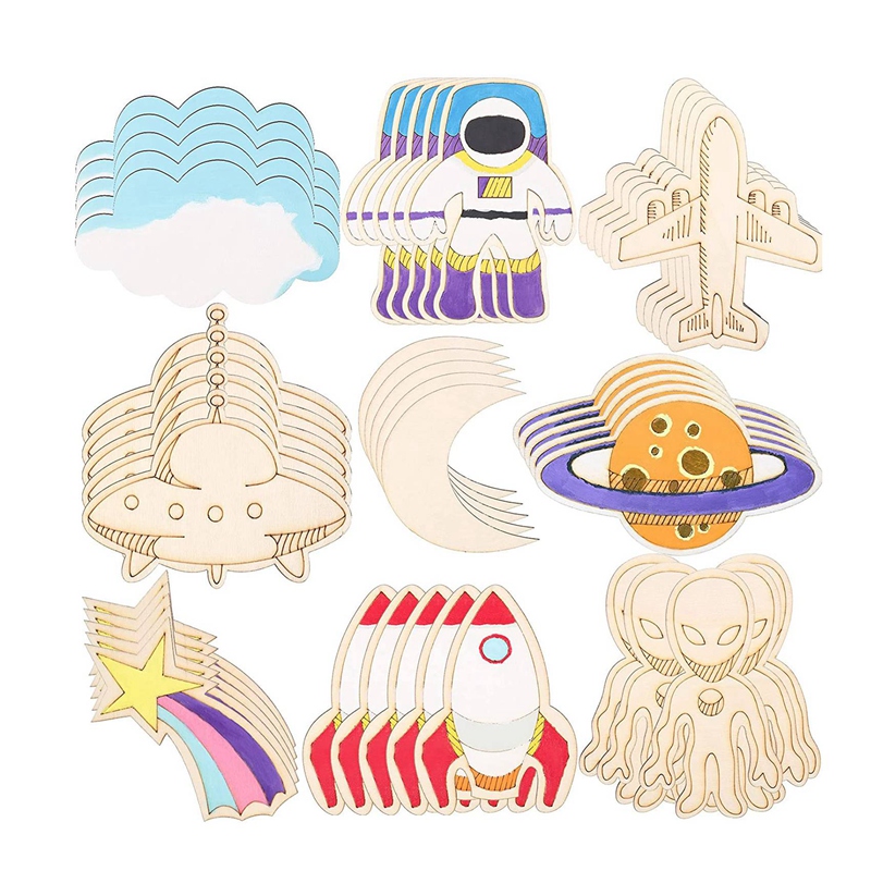 45 PCS Wooden Paint Crafts Outer Space Unfinished Blank Wood Cutouts DIY Art Project For Kids Painting Home Decoration: Default Title