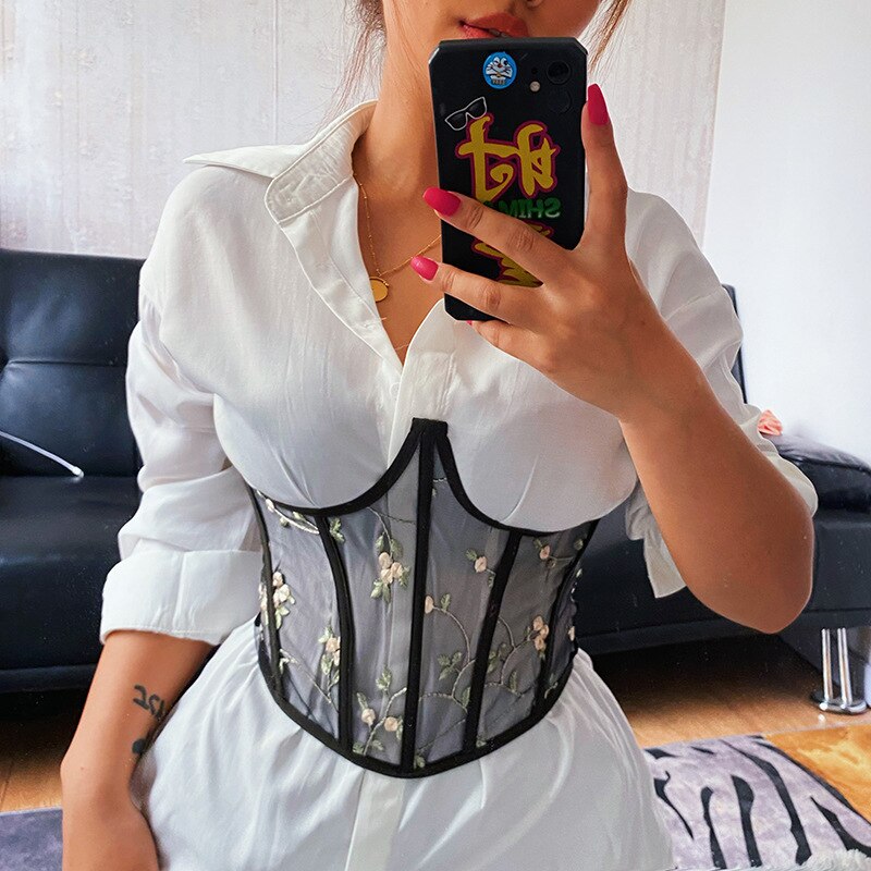 Giyu Vintage Black Mesh Embroidered Lace Up Girdle For Women Slim Bandage Cummerbunds Ladies Party Underbust Corset