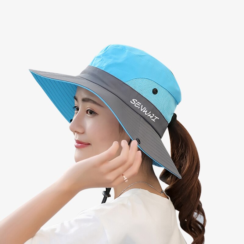 Outdoor Hiking Wide Brim Bucket Hat Women Quick Drying Breathable Packable Sunshade UV-proof Ponytail Cap With Chain Strap