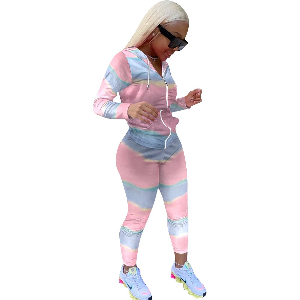 Cm.yaya active wear gradient stribet print damesæt hættetrøjer toppe joggerbukser jakkesæt træningsdragt todelt sæt fitness outfit: Lyserød / Xxl