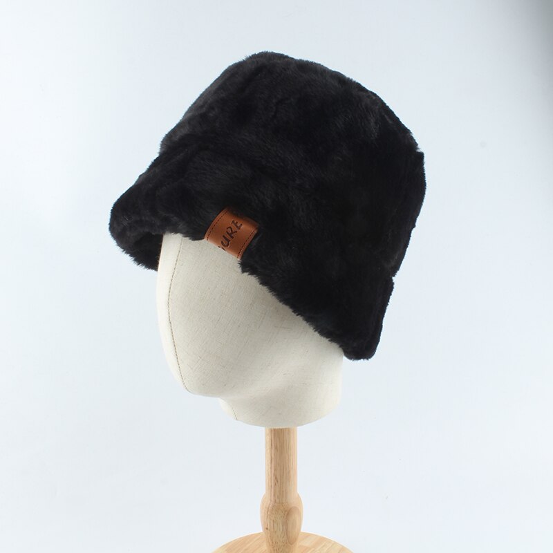 Imiteret pels vinter sort bøttehat til kvinder pige solid tyk blød varm fiskerhat udendørs ferie panama bob cap: Sort
