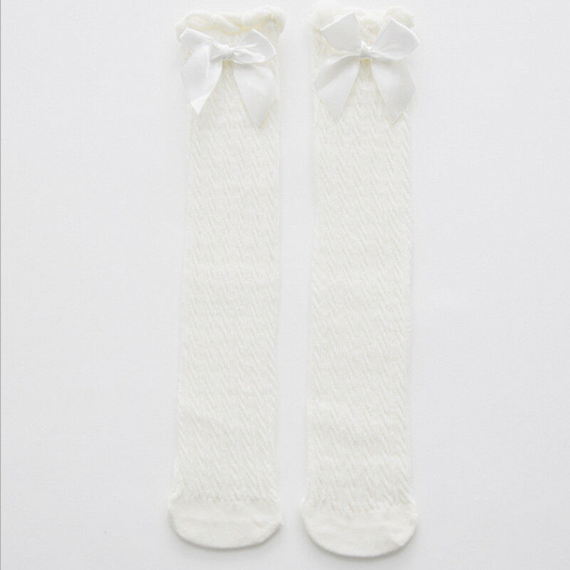 Kids Baby Girls Knee High Stocking Summer Breathable Mesh Cotton Stocking Tights Kids Bow Princess Long Stockings: White / Length 38cm