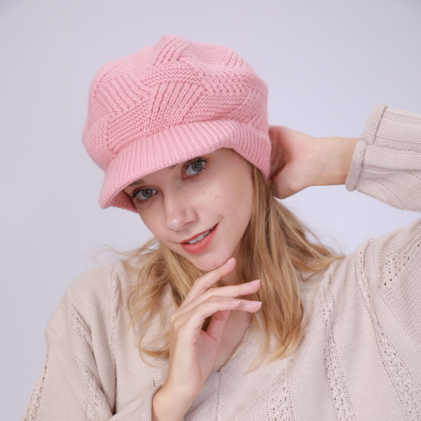 Women Winter Warmer Solid Color Crochet Hat Cap Peaked Visor Brim Slouchy Beret Knitted Hats