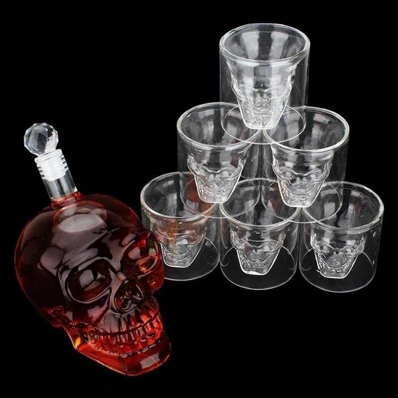 7 pièces/ensemble carafe de visage de crâne en verre avec 6 verres de tir de crâne de 75ml pour le whisky, la Vodka, la bière ou le vin
