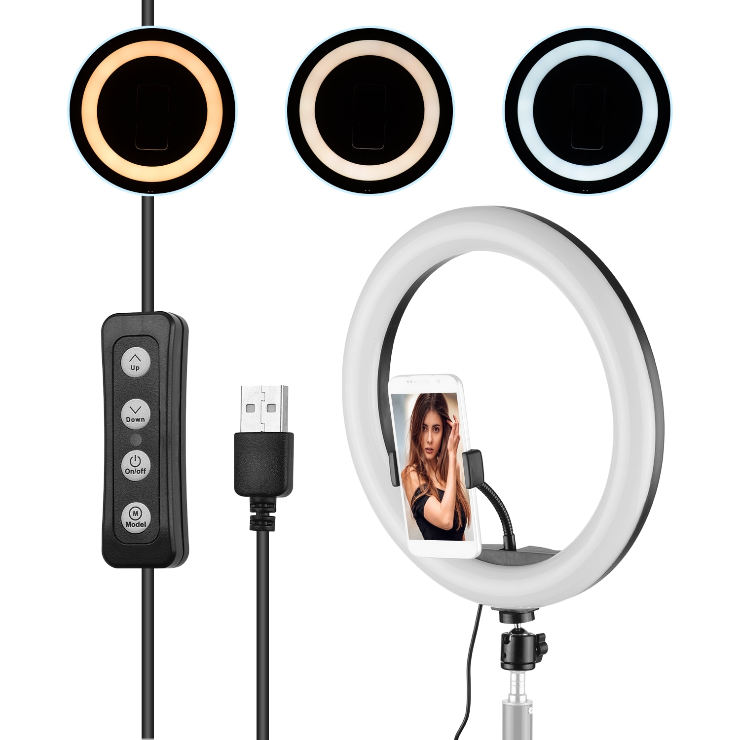 14 Inch LED Ring Light Fill-in Lamp Built-in 10W Dimmable 2700-5500K with Light Stand Ballhead Cell Phone Holders for Smartphone