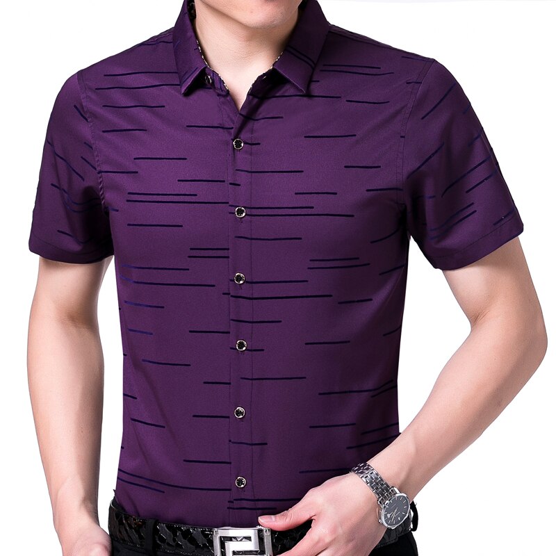 Summer Short Sleeve Men Shirt Striped Dress Casual Slim Fit Social Clothes Luxury Shirts Mens 6006