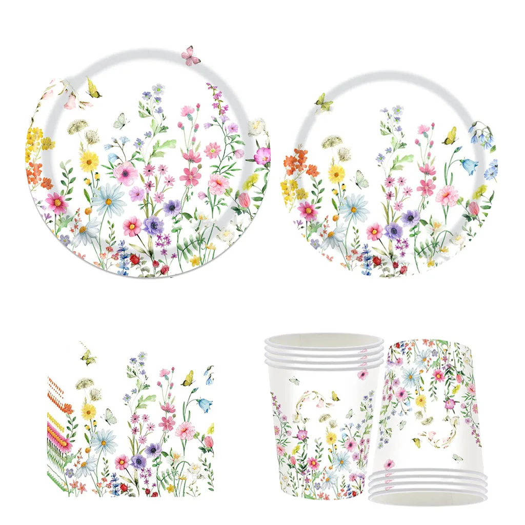 8Guests Spring Flower Disposabel Tableware Flying Butterfly Paper Plates Napkin Cups Happy Girls Birthday Party Decors